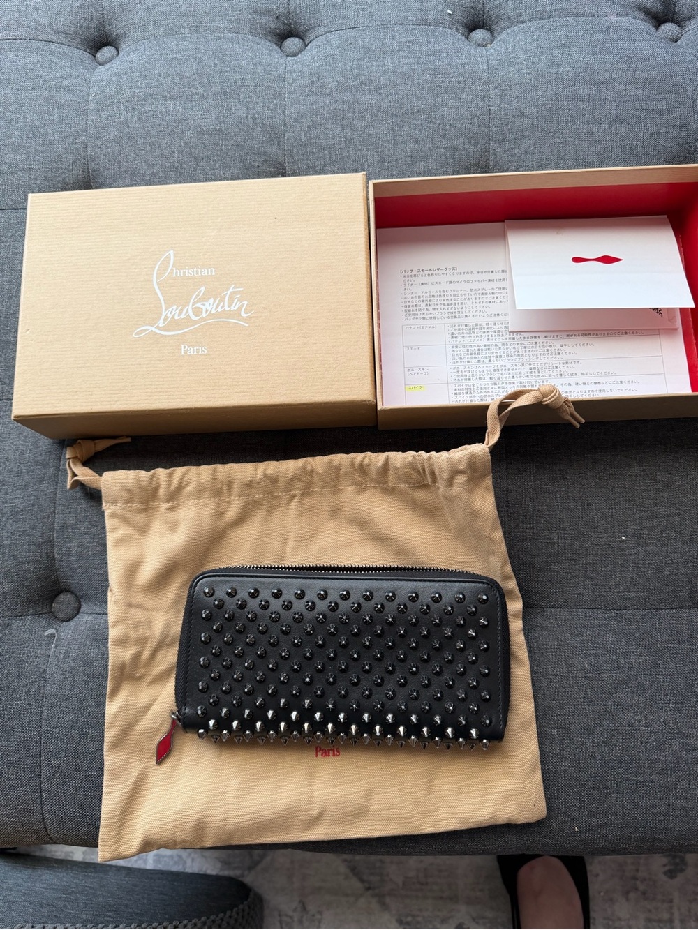 Authentic Christian Louboutin Black Spike-Studded Zip-Around Wallet